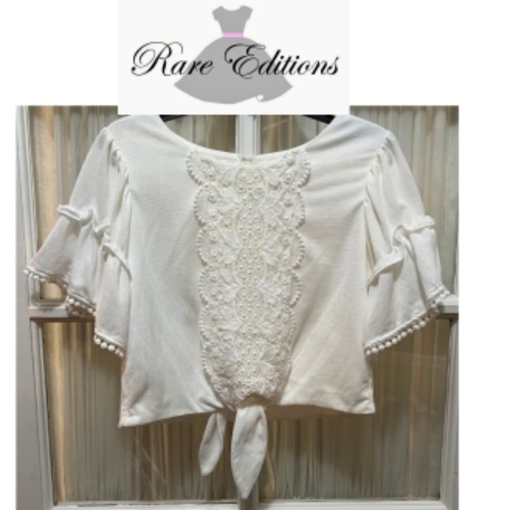 Rare Editions ivory-color top; embroidered front; girls' size 16.